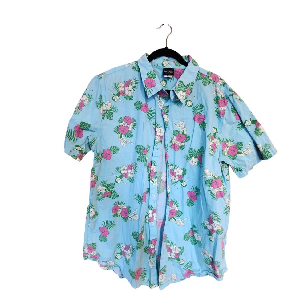 Rick And Morty Mens Size 2XL Shirt Hawaiian Button Up Adult Swim Cartoon Blue